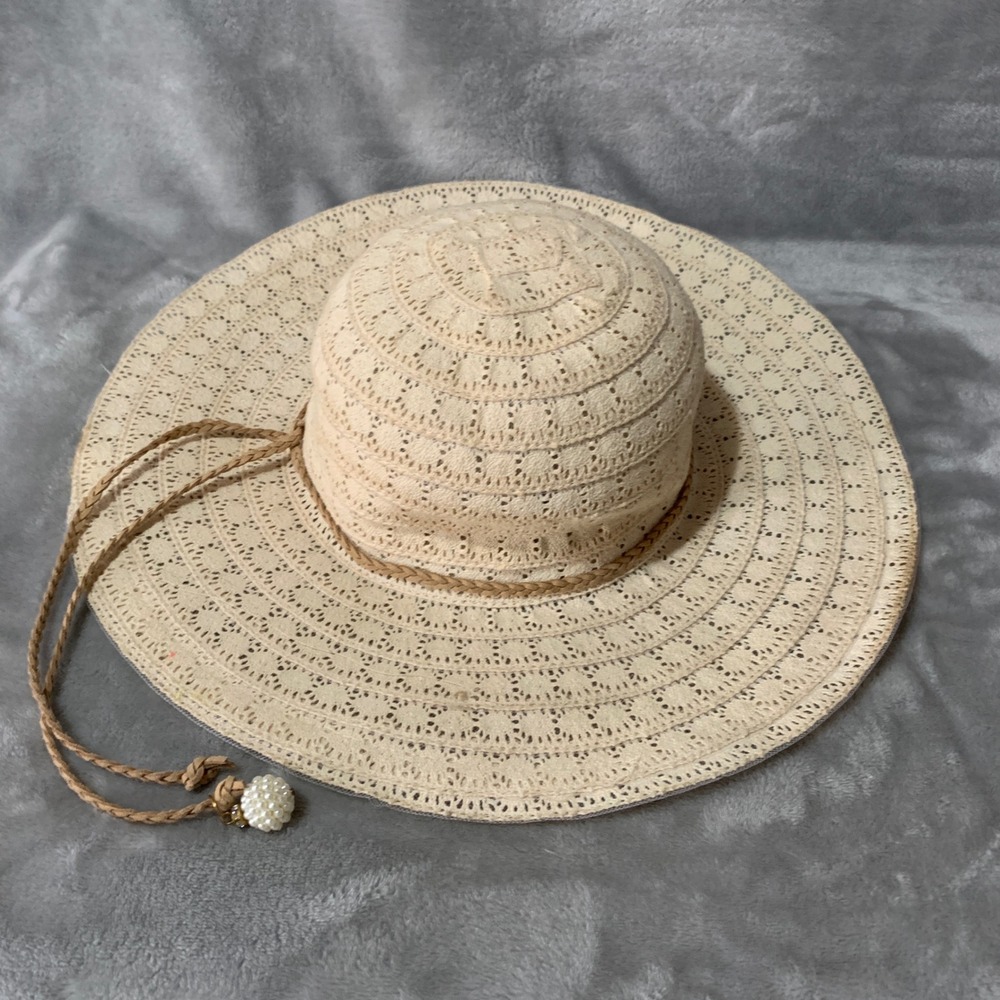 Somas Accessories Greece Beige Crochet Wide Brim Sun Hat Pearl Charm Sz 57 Lace - Picture 14 of 16